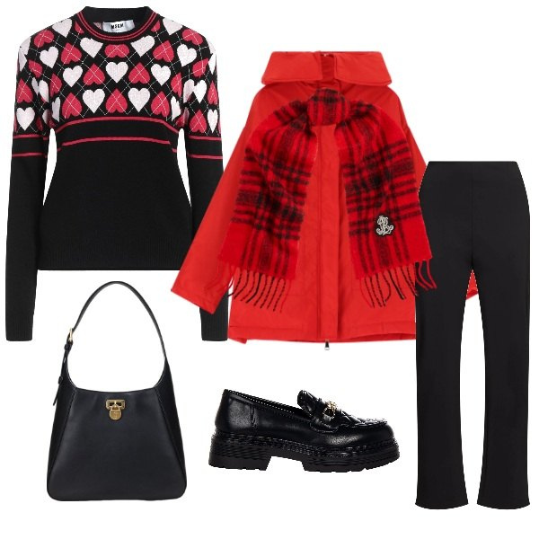 Outfit donna - Rosso brillante. Stile Urban per Tutti i giorni. Abbinamento con pullovers, mocassini, parka, borse a spalla, sciarpe, pantaloni.