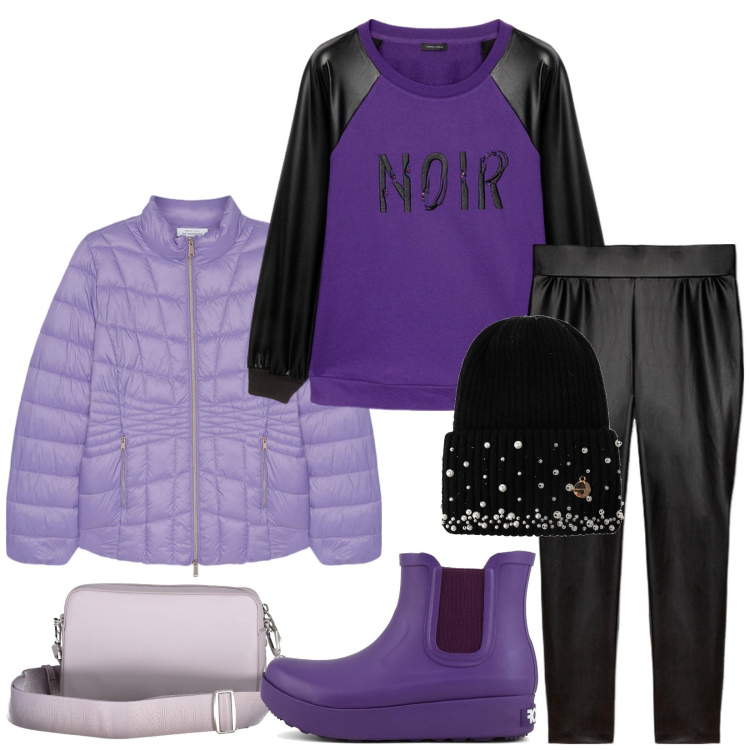 Outfit donna - Semplicità. Stile Casual per Tutti i giorni. Abbinamento con berretti, stivali, felpe, leggings, piumini, borse a tracolla.