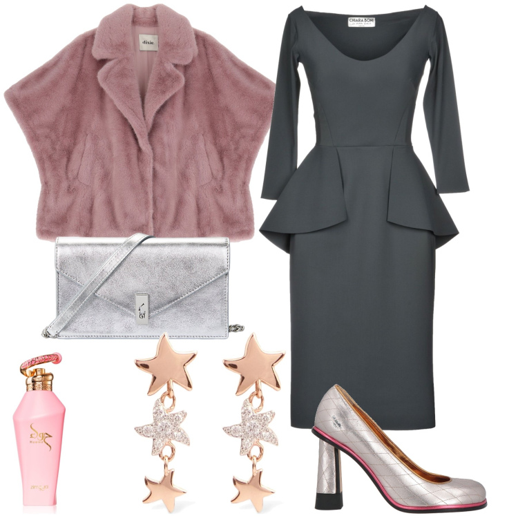 Outfit donna - Vigilia. Stile Glamour per Serata fuori. Abbinamento con vestiti midi/longuette, décolleté, profumi, blazer, clutch, orecchini.