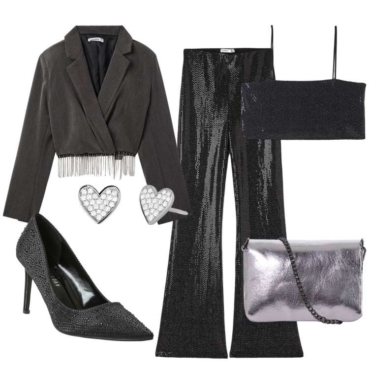 Outfit donna - Brilla. Stile Glamour per Serata fuori. Abbinamento con orecchini, blazer, décolleté, leggings, top, pochette.
