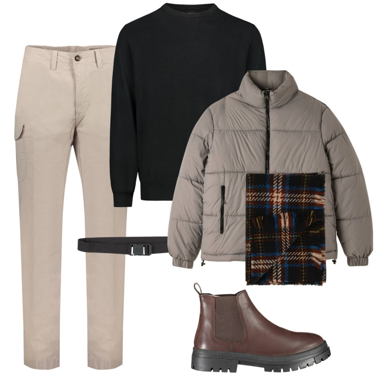 Outfit uomo - Con il cargo. Stile Trendy per Tutti i giorni. Abbinamento con cinture, sciarpe, maglieria, stivali, piumini, pantaloni.