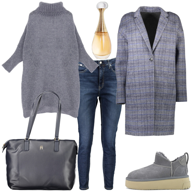 Outfit donna - All\'uscita di scuola. Stile Trendy per Tutti i giorni. Abbinamento con profumi, maglieria, stivali, jeans skinny, cappotti, borse a spalla.