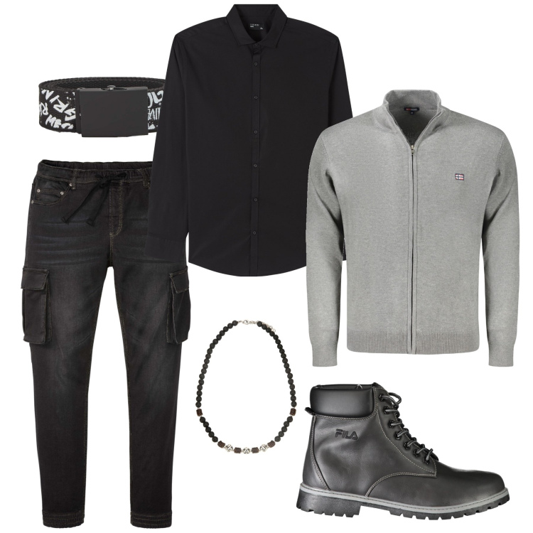 Outfit uomo - Trendy look. Stile Trendy per Tutti i giorni. Abbinamento con jeans slim fit, camicie, cinture, collane, stivali, cardigans.