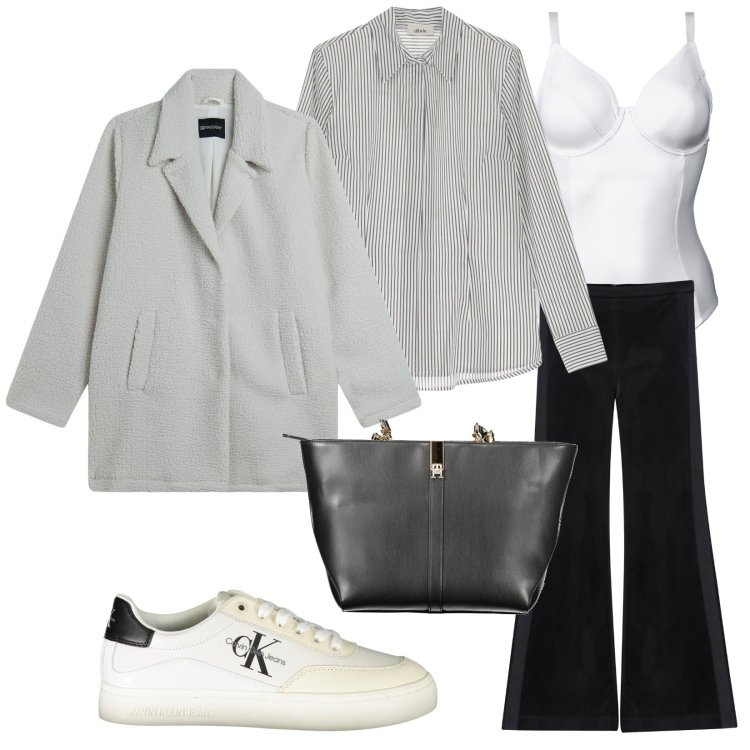 Outfit donna - Total look #2022598. Stile Casual chic per Tutti i giorni. Abbinamento con body, pantaloni, cappotti, camicie, borse a spalla, sneakers.