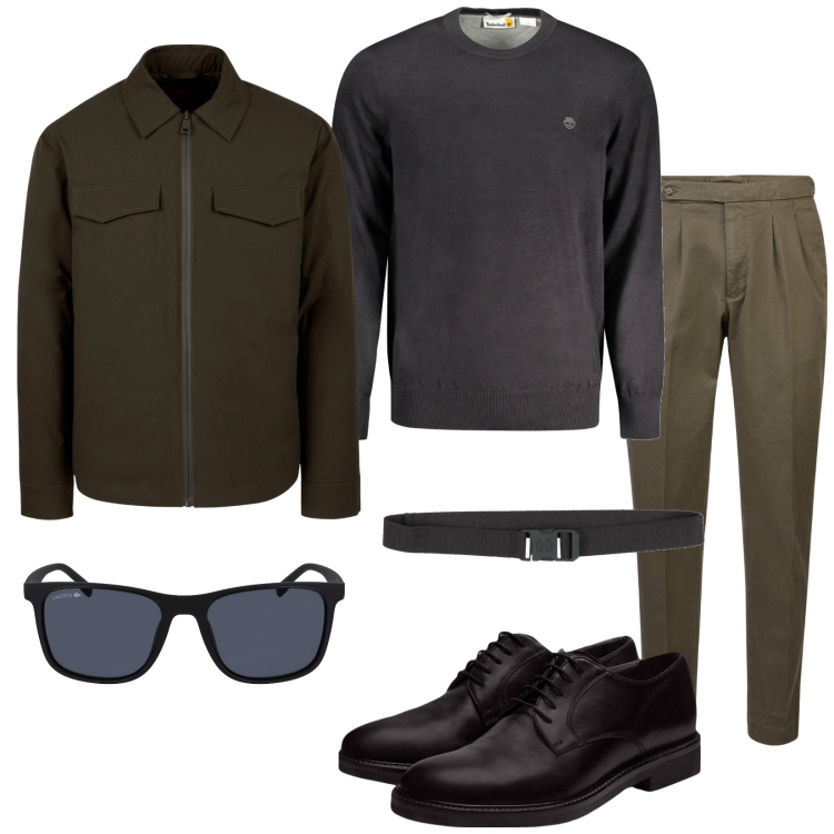 Outfit uomo - Appuntamento di lavoro informale. Stile Business/Elegante per Ufficio. Abbinamento con cinture, scarpe stringate, pantaloni, maglieria, occhiali da sole, piumini.