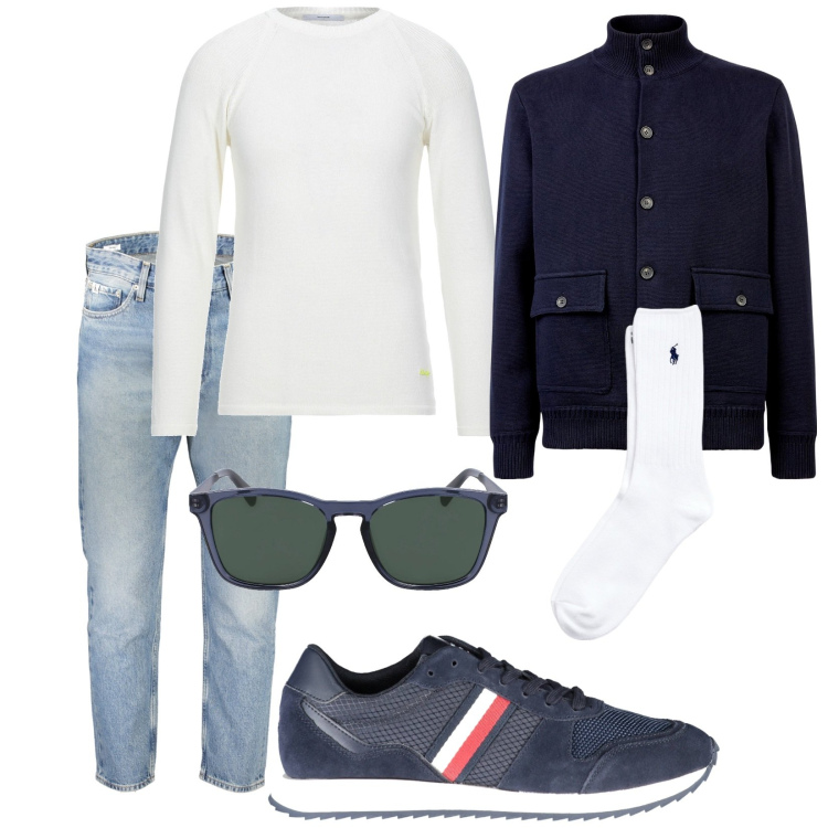 Outfit uomo - Total look #2022606. Stile Casual per Tutti i giorni. Abbinamento con pullovers, calzini, giacche, occhiali da sole, sneakers, jeans.