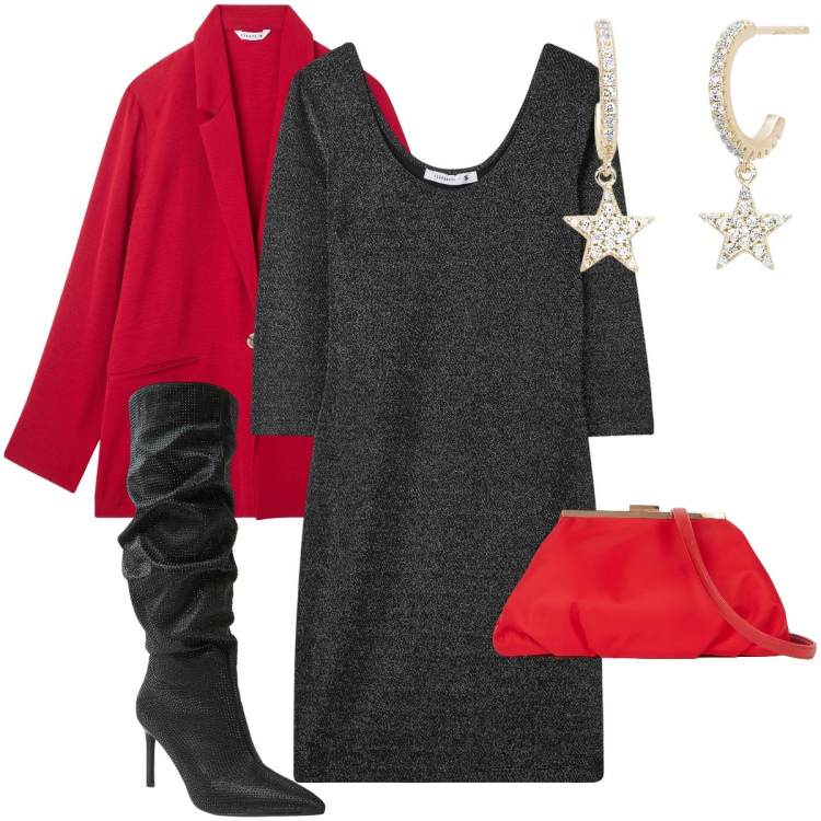 Outfit donna - Lurex per Natale. Stile Glamour per Serata fuori. Abbinamento con blazer, vestiti lunghi, stivali, orecchini, pochette.
