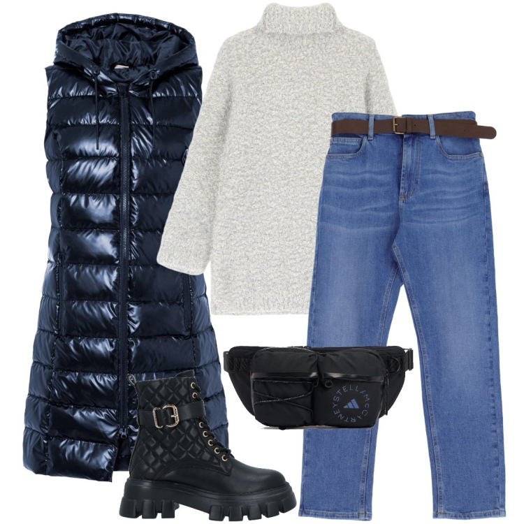 Outfit donna - Il piumino lungo. Stile Casual per Tutti i giorni. Abbinamento con stivaletti, gilet, jeans dritti, maglieria, marsupi.