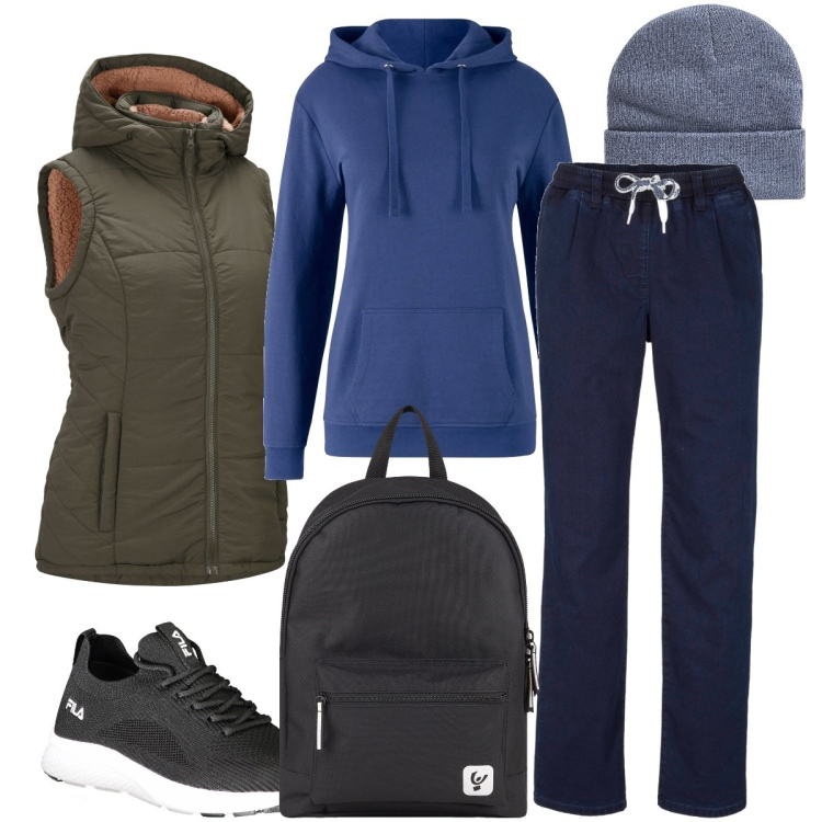 Outfit donna - Versione sportiva. Stile Sporty chic per Sport. Abbinamento con felpe con cappuccio, jeans, gilet, berretti, zaini, sneakers.