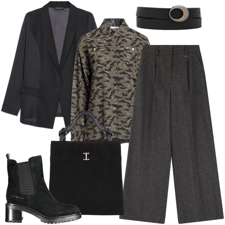 Outfit donna - La camicia animalier. Stile Bon Ton per Ufficio. Abbinamento con camicie, shopping bag, pantaloni a palazzo, cinture, stivaletti, blazer.