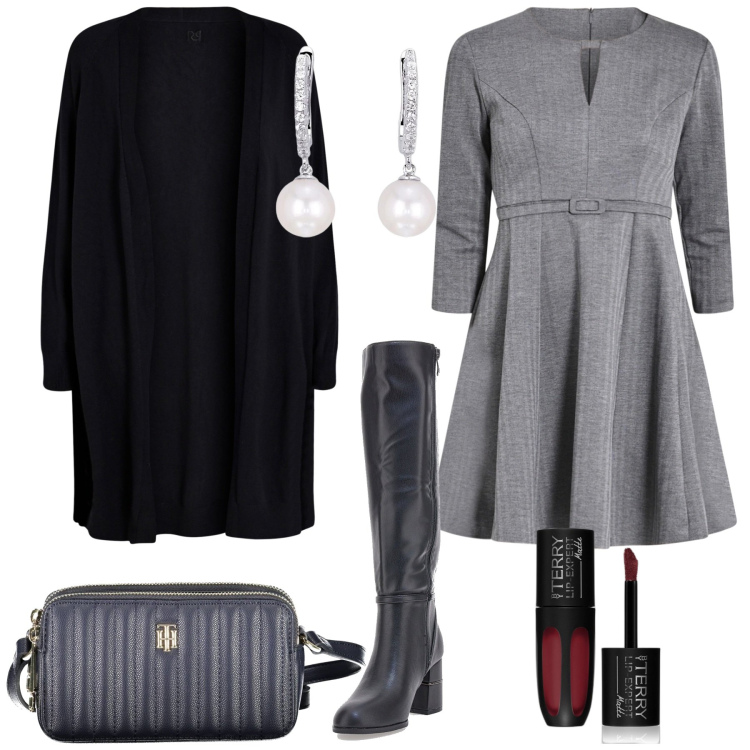 Outfit donna - Layering sofisticato. Stile Bon Ton per Tutti i giorni. Abbinamento con rossetti, orecchini, vestiti corti, cardigans, stivali, borse a tracolla.