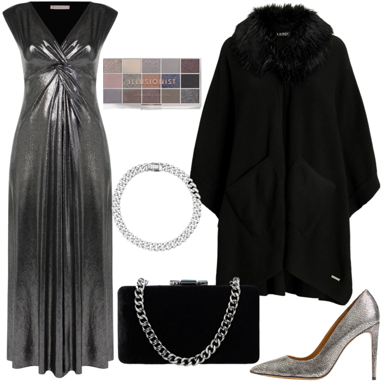 Outfit donna - Brilla a Capodanno - valentinadringoli. Stile Chic per Serata fuori. Abbinamento con ombretti, braccialetti, vestiti, cappe, clutch, décolleté.