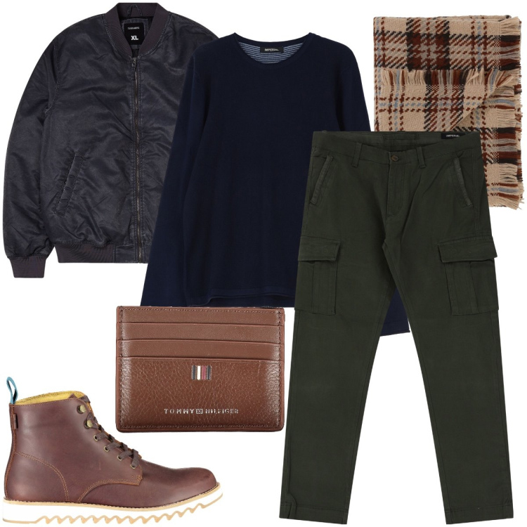 Outfit uomo - Il pantalone cargo verde. Stile Trendy per Tutti i giorni. Abbinamento con bomber, sciarpe, pantaloni cargo, maglieria, stivali, portafogli.