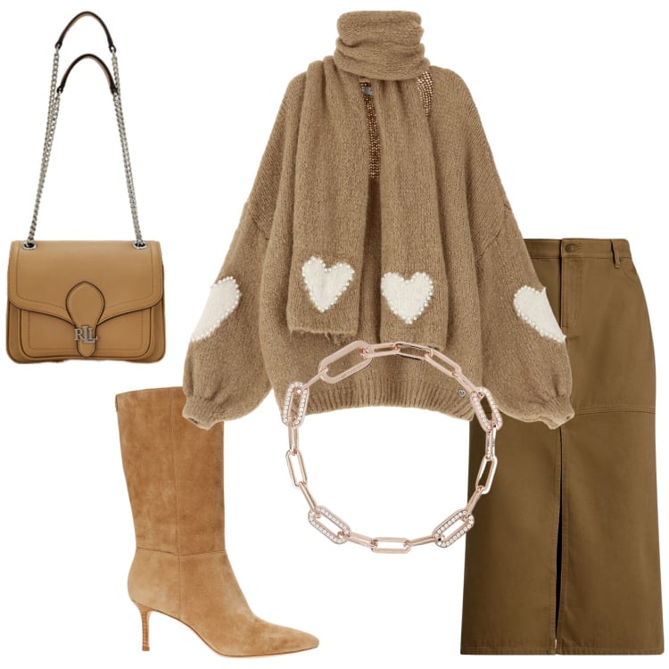 Outfit donna - Layering sofisticato. Stile Casual chic per Serata fuori. Abbinamento con braccialetti, maglieria, borse a spalla, stivali, gonne.