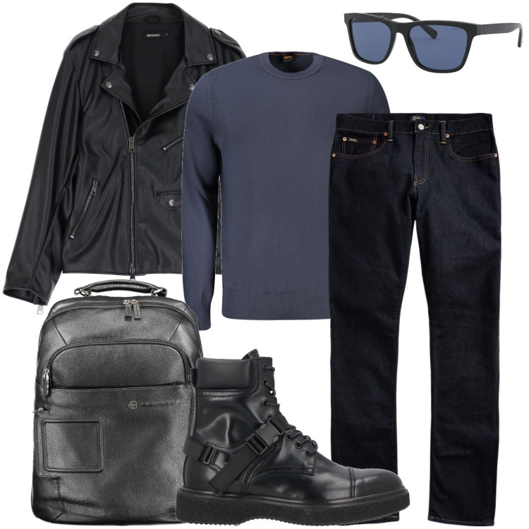 Outfit uomo - Biker di giorno. Stile Biker Rock per Tutti i giorni. Abbinamento con anfibi, giacche, jeans, occhiali da sole, borse sportive, maglieria.