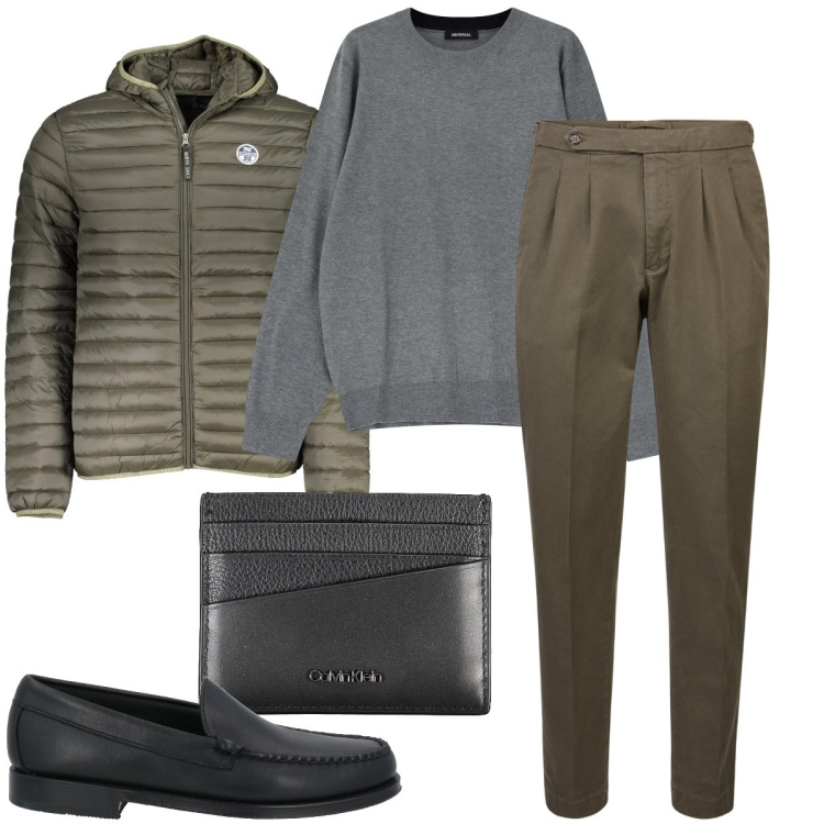 Outfit uomo - Verde oliva. Stile Business/Elegante per Ufficio. Abbinamento con scarpe stringate, maglieria, pantaloni, giacche, portafogli.