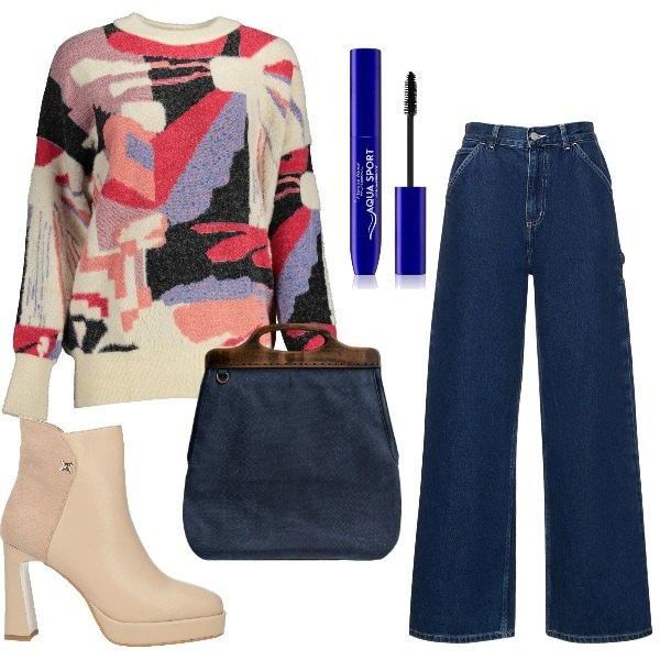 Outfit donna - Sprint in citta\'. Stile Casual per Tutti i giorni. Abbinamento con stivaletti, mascara, pantaloni, borse a tracolla, maglieria.