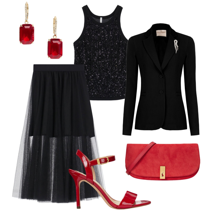 Outfit donna - Tulle, paillettes in nero e rosso!. Stile Chic per Serata fuori. Abbinamento con blazer, gonne longuette, top, sandali col tacco, orecchini, clutch.
