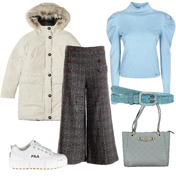 Outfit donna - Sneakers metropolitan. Stile Urban per Tutti i giorni. Abbinamento con parka, cinture, maglieria, pantaloni culotte, sneakers, borse a spalla.