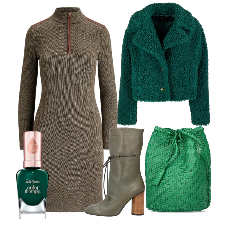 Outfit donna - Green morning. Stile Bon Ton per Ufficio. Abbinamento con stivaletti, smalti, blazer, vestiti, borse a spalla.