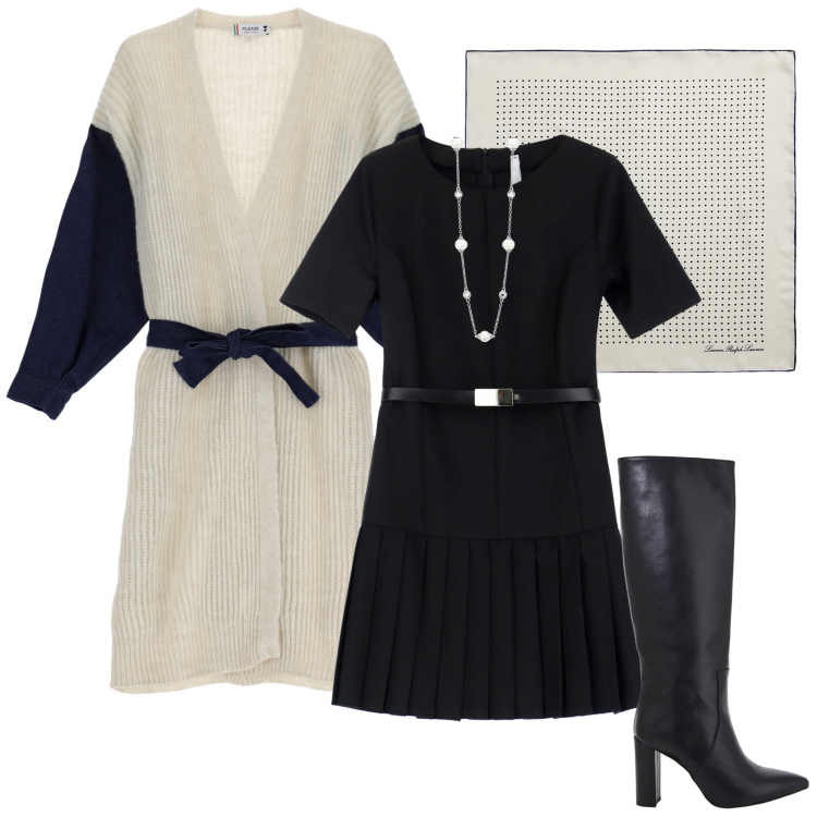 Outfit donna - Layering sofisticato. Stile Chic per Serata fuori. Abbinamento con collane, cardigans, vestiti corti, stivali, foulard.