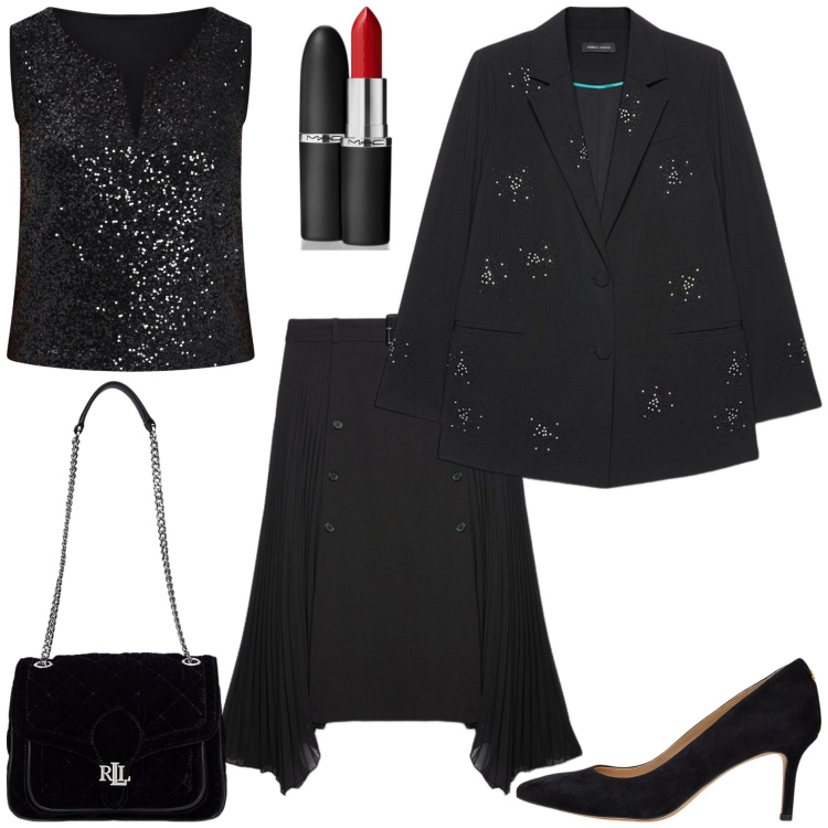 Outfit donna - Dettagli luminosi curvy. Stile Chic per Serata fuori. Abbinamento con rossetti, top, décolleté, borse a spalla, gonne longuette, blazer.