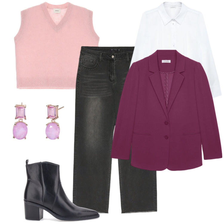 Outfit donna - Layering in pink shades. Stile Urban per Tutti i giorni. Abbinamento con orecchini, gilet, stivaletti, jeans, camicie, blazer.