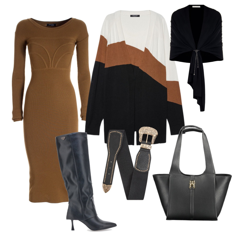 Outfit donna - Sofisticata ufficio e cena. Stile Glamour per Serata fuori. Abbinamento con stole, cinture, vestiti midi/longuette, cardigans, stivali, borse a spalla.