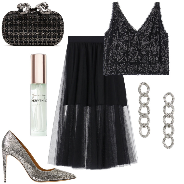 Outfit donna - Lustrini e paillettes. Stile Chic per Serata fuori. Abbinamento con profumi, gonne longuette, top, orecchini, décolleté, pochette.