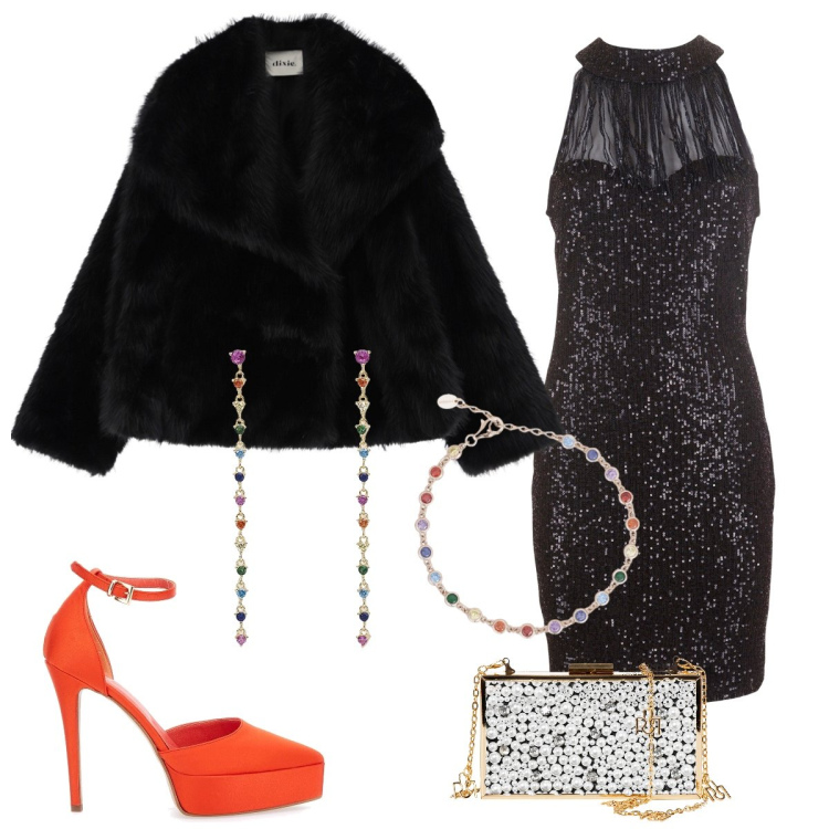 Outfit donna - Total look #2022686. Stile Glamour per Serata fuori. Abbinamento con orecchini, braccialetti, pochette, vestiti, ecopellicce, décolleté.