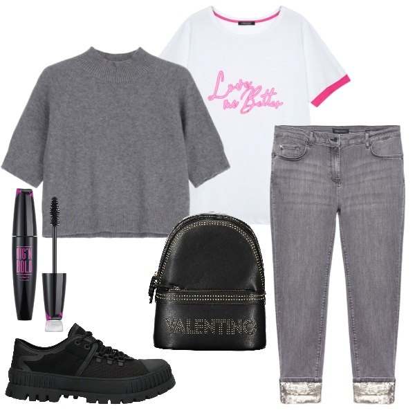 Outfit donna - estetista day. Stile Casual per Tutti i giorni. Abbinamento con sneakers, mascara, maglieria, jeans skinny, t-shirt, zaini.