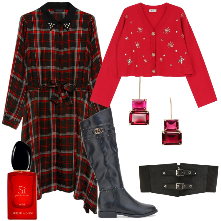 Outfit donna - Layering Focus curvy. Stile Preppy per Tutti i giorni. Abbinamento con cinture, profumi, cardigans, orecchini, stivali sopra il ginocchio, vestiti asimmetrici.