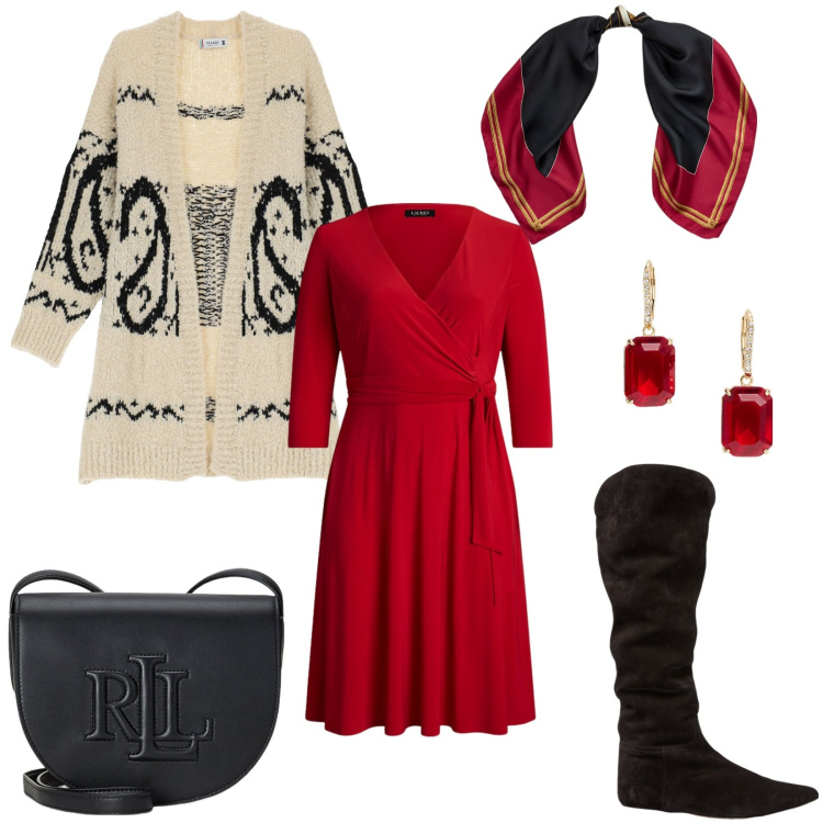 Outfit donna - Layering Focus curvy. Stile Casual chic per Tutti i giorni. Abbinamento con cardigans, borse a tracolla, vestiti, stivali sopra il ginocchio, foulard, orecchini.
