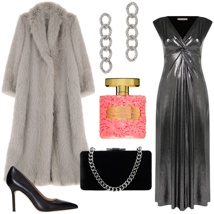 Outfit donna - L\'abito in lamé per Capodanno. Stile Chic per Serata fuori. Abbinamento con profumi, vestiti, ecopellicce, orecchini, décolleté, clutch.