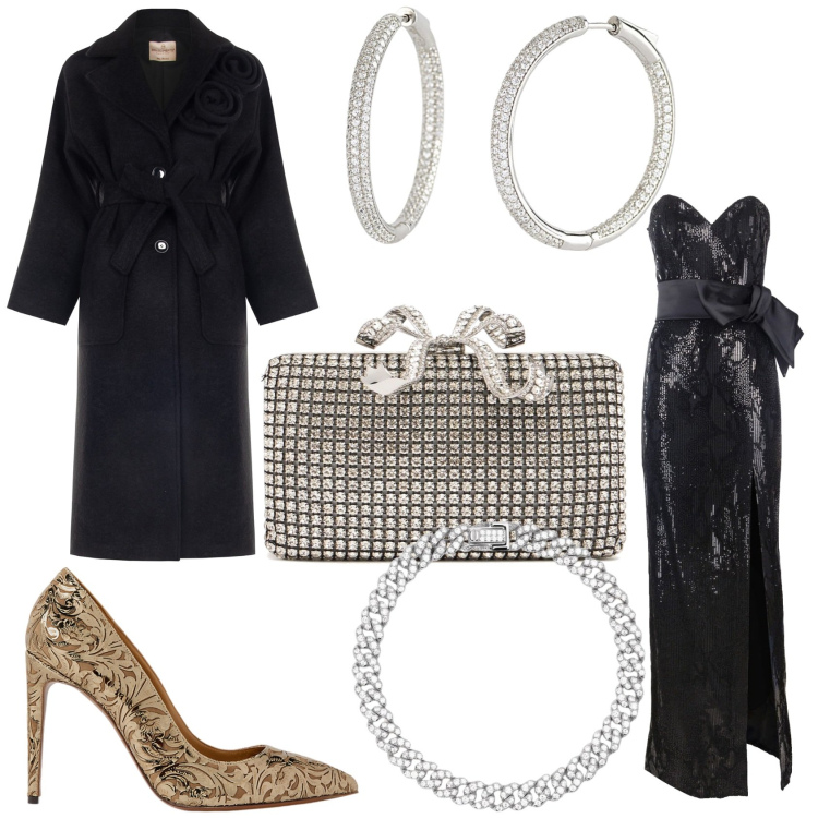 Outfit donna - In nero glamour per l\'ultima notte. Stile Glamour per Serata fuori. Abbinamento con braccialetti, orecchini, cappotti, vestiti lunghi, décolleté, pochette.