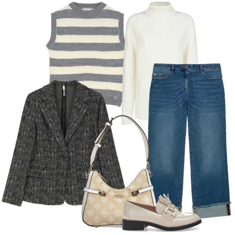 Outfit donna - Il blazer sul gilet sul dolcevita. Stile Casual chic per Tutti i giorni. Abbinamento con maglieria, blazer, mocassini, maglieria, borse a spalla, jeans dritti.