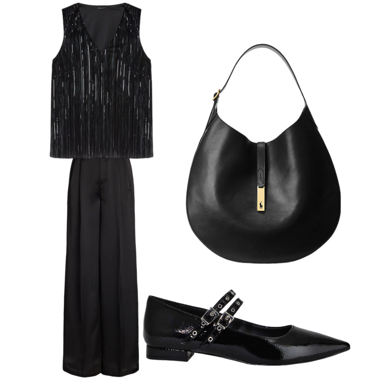 Outfit donna - Aperitivo. Stile Trendy per Tutti i giorni. Abbinamento con ballerine, borse a spalla, pantaloni, top.