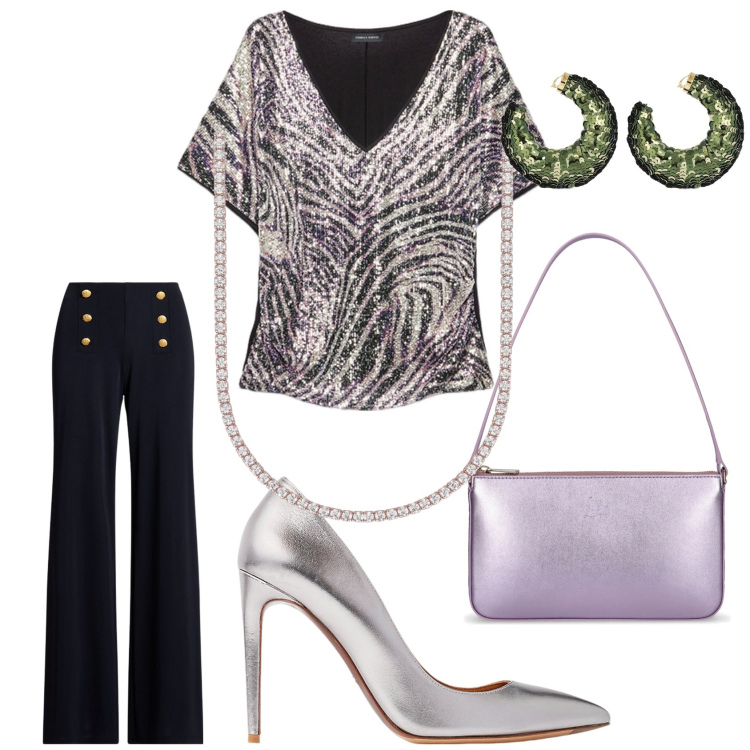 Outfit donna - Mix verdeviola. Stile Chic per Serata fuori. Abbinamento con collane, pantaloni, décolleté, t-shirt, borse a spalla, orecchini.