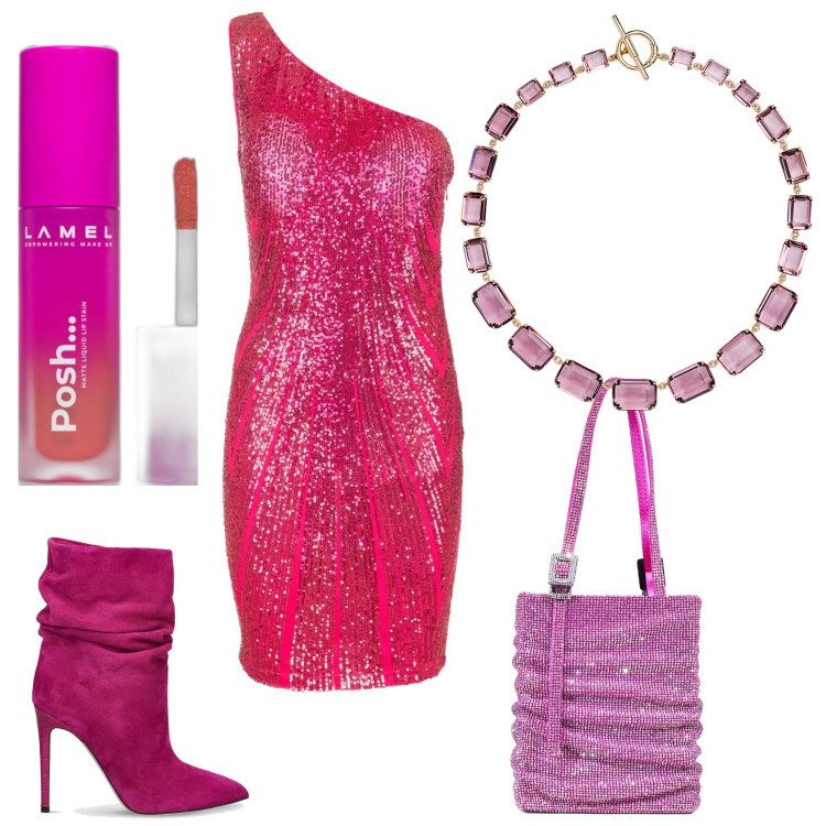 Outfit donna - Super glamour anche in rosa. Stile Glamour per Serata fuori. Abbinamento con rossetti, vestiti asimmetrici, collane, stivaletti, borse a spalla.