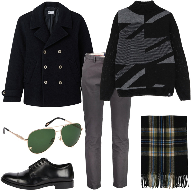 Outfit uomo - Sporty chic. Stile Casual per Tutti i giorni. Abbinamento con cappotti, sciarpe, maglieria, pantaloni, occhiali da sole, scarpe stringate.