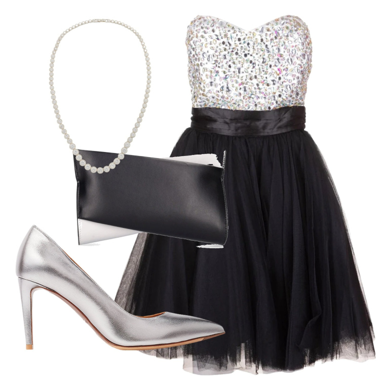 Outfit donna - Nero e argento. Stile Chic per Cerimonia. Abbinamento con vestiti corti, décolleté, collane, pochette.