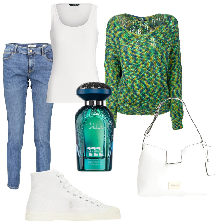 Outfit donna - Total look #2022715. Stile Casual per Tutti i giorni. Abbinamento con borse a mano, profumi, maglieria, sneakers alte, canottiere, jeans skinny.