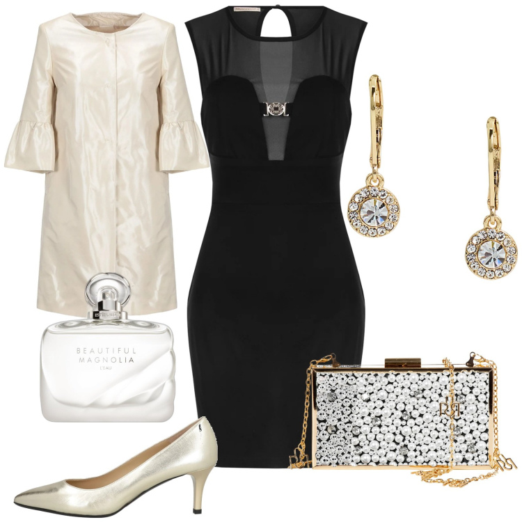Outfit donna - Total look #2022720. Stile Chic per Cerimonia. Abbinamento con trench, décolleté, profumi, vestiti a tubino, pochette, orecchini.