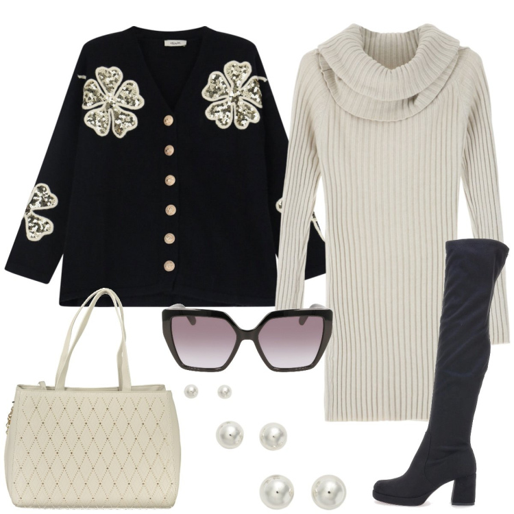 Outfit donna - Total look #2022724. Stile Casual chic per Tutti i giorni. Abbinamento con vestiti corti, cardigans, orecchini, stivali, occhiali da sole, borse a spalla.