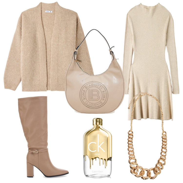 Outfit donna - In beige. Stile Minimal per Ufficio. Abbinamento con profumi, vestiti midi/longuette, cardigans, stivali, borse a spalla, collane.