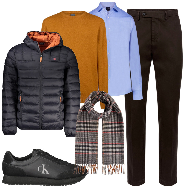 Outfit uomo - Pausa pranzo. Stile Business/Elegante per Tutti i giorni. Abbinamento con pantaloni chino, maglieria, camicie, sciarpe, giacche, sneakers.