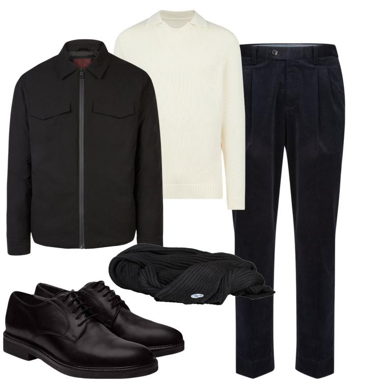 Outfit uomo - City. Stile Business/Elegante per Ufficio. Abbinamento con pantaloni, maglieria, scarpe stringate, piumini, sciarpe.