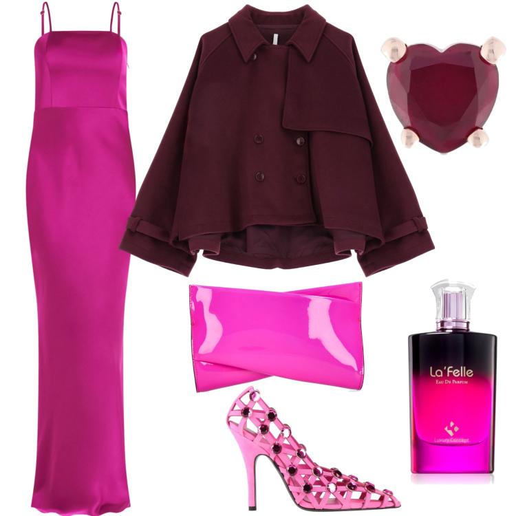 Outfit donna - Capodanno col cuore. Stile Chic per Serata fuori. Abbinamento con décolleté, profumi, vestiti lunghi, caban, orecchini, pochette.