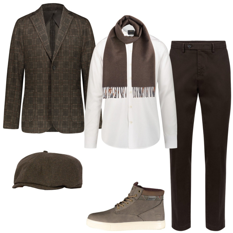 Outfit uomo - Total look #2022759. Stile Business/Elegante per Ufficio. Abbinamento con giacche, pantaloni chino, camicie, stivali, cappelli e berretti, sciarpe.