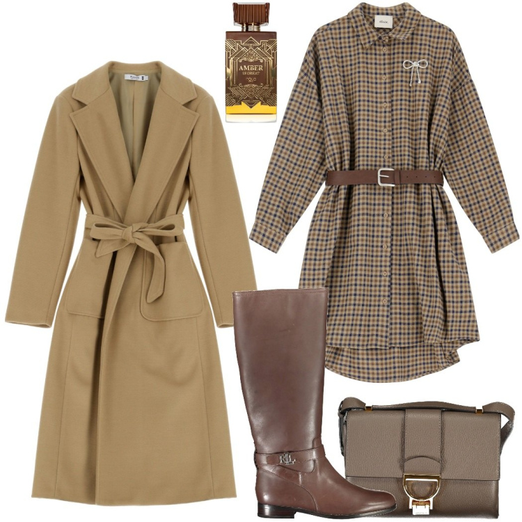 Outfit donna - Il Mio dicembre. Stile Casual chic per Tutti i giorni. Abbinamento con profumi, cappotti, vestiti, borse a tracolla, stivali.